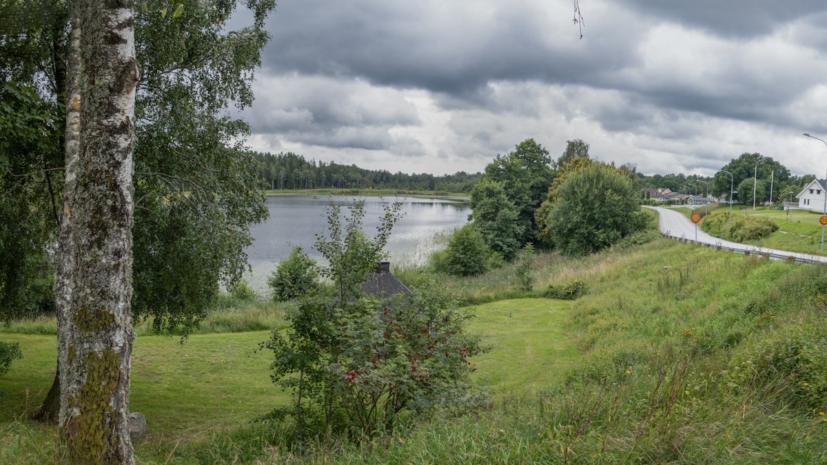 A scenic view of a road and a lake